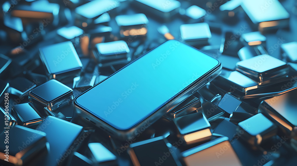 Fototapeta premium A modern smartphone lies on a bed of shiny blue blocks.
