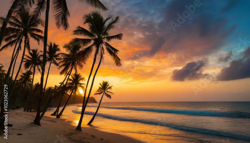 Sunset over a tranquil beach with palm trees swaying in the gentle breeze at dusk near the ocean