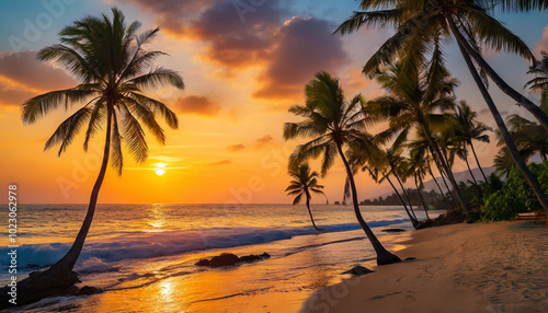 A tranquil sunset at a tropical beach with palm trees and gentle waves, capturing a serene evening atmosphere