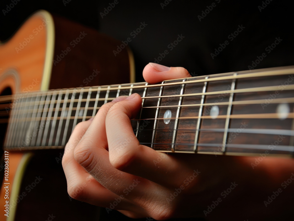 Fototapeta premium Person's fingers pressing chords on an acoustic guitar