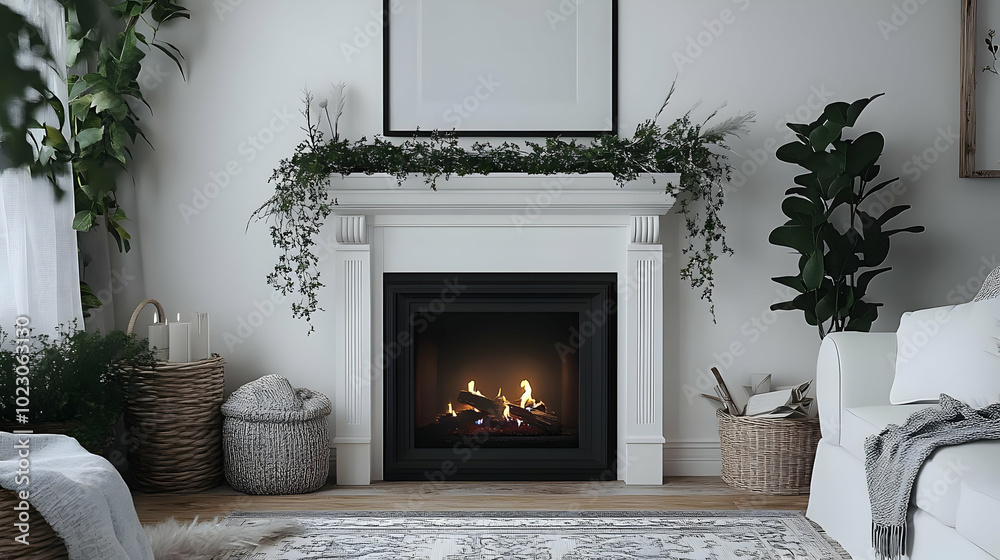 Cozy living room with a modern fireplace and decorative plants. Cozy living room with a modern fireplace and decorative plants.