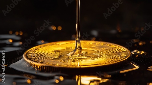 Liquid pouring onto shiny golden coin on reflective surface