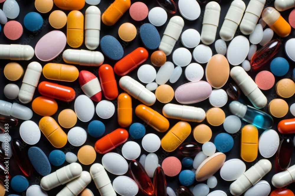 Above view of large group of assorted capsules pills Above view of large group of assorted capsules pills