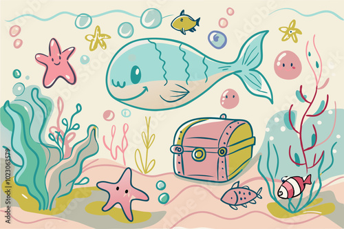 Whimsical Underwater Scene with Colorful Marine Life Illustration