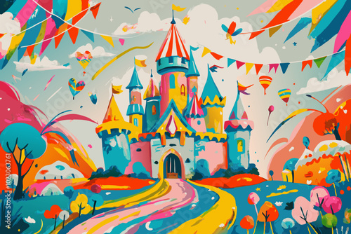 Vibrant Fairytale Castle Landscape with Festive Flags and Balloons