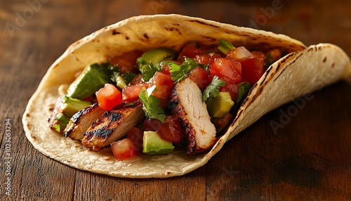 grilled chicken taco with fresh salsa and avocado on rustic table