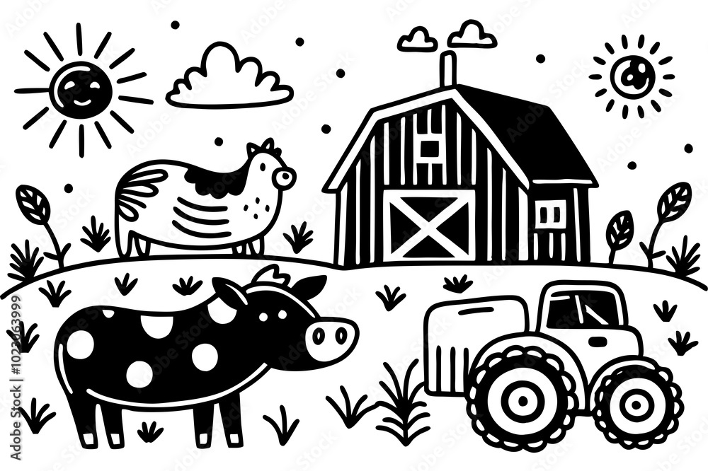 Fototapeta premium Charming Black and White Illustration of Farm Life with Animals and Tractor