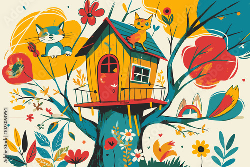 Whimsical Treehouse Wonderland with Playful Cats and Flourishing Nature