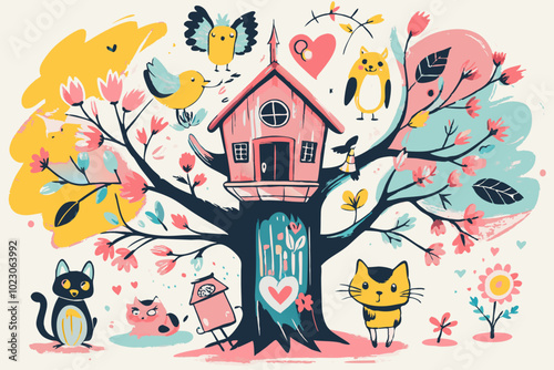 Whimsical Springtime Scene with Treehouse, Birds, and Cats