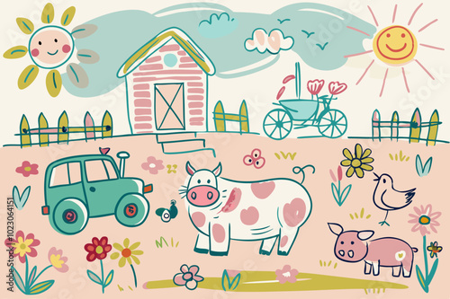 Cartoon Farm Scene with Animals, Vehicle, and Sunshine photo