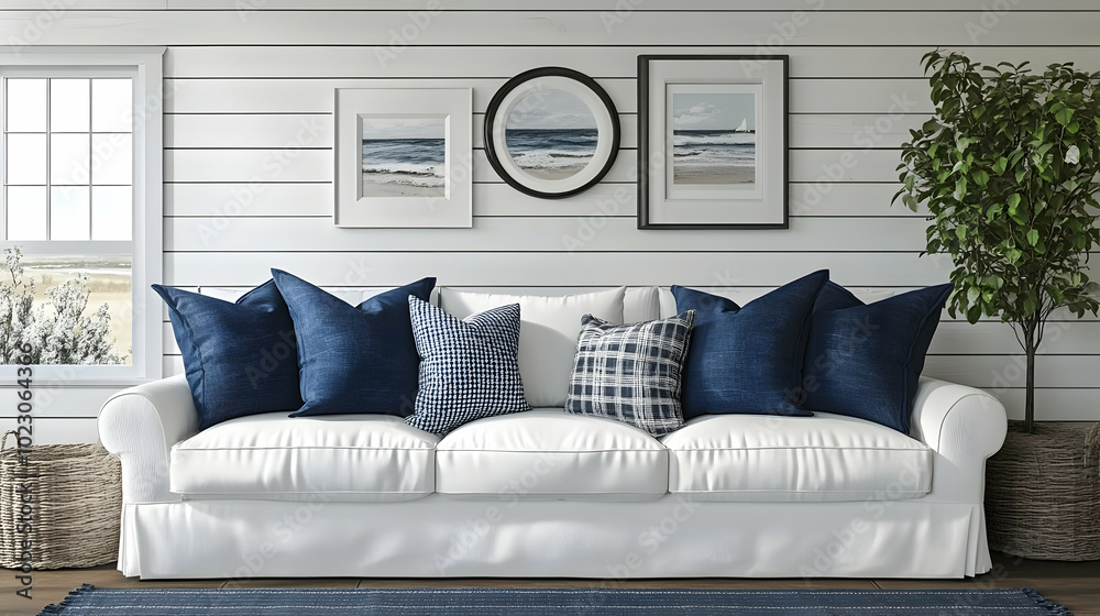 Cozy living room with a white sofa and decorative pillows. Cozy living room with a white sofa and decorative pillows.