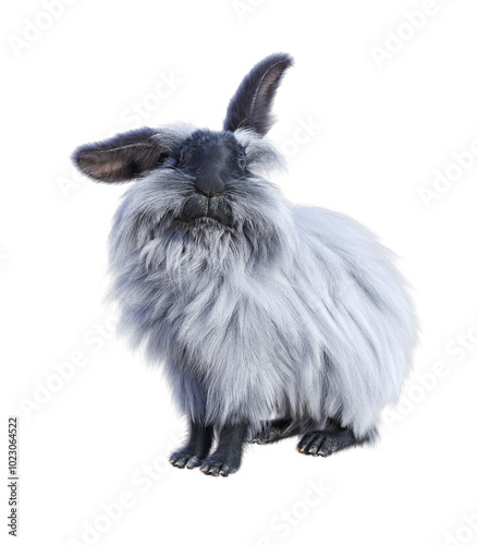 A black and white furry lionhead rabbit, looking into the camera, with one ear down. 3D illustration with transparent background. 
