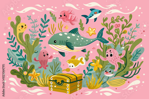 Colorful Underwater Cartoon Sea Life Illustration with Treasure photo