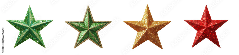 Sparkling Red, Silver, Gold, and Green Star Ornaments with Glittery Texture for Festive and Decorative Themes, Christmas Decoration PNG Image Sparkling Red, Silver, Gold, and Green Star Ornaments with Glittery Texture for Festive and Decorative Themes, Christmas Decoration PNG Image