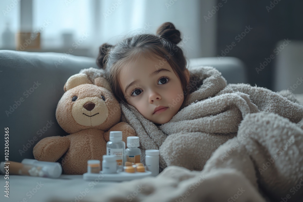 Sick little girl covered in blanket is hugging teddy bear and looking sadly on medicine while lying on couch Sick little girl covered in blanket is hugging teddy bear and looking sadly on medicine while lying on couch
