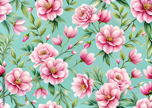 Delicate pink flowers create a seamless pattern, set on a soothing background, perfect for enhancing elegant design projects and adding a touch of sophistication.