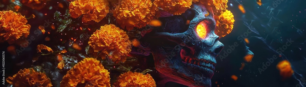 A mystical underwater scene featuring a vibrant skull adorned with marigold flowers, evoking a surreal and enchanting atmosphere. A mystical underwater scene featuring a vibrant skull adorned with marigold flowers, evoking a surreal and enchanting atmosphere.