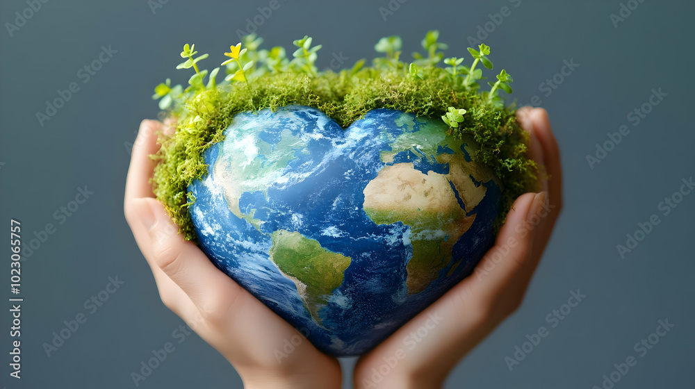 Hands holding a heart-shaped Earth surrounded by greenery. Hands holding a heart-shaped Earth surrounded by greenery.