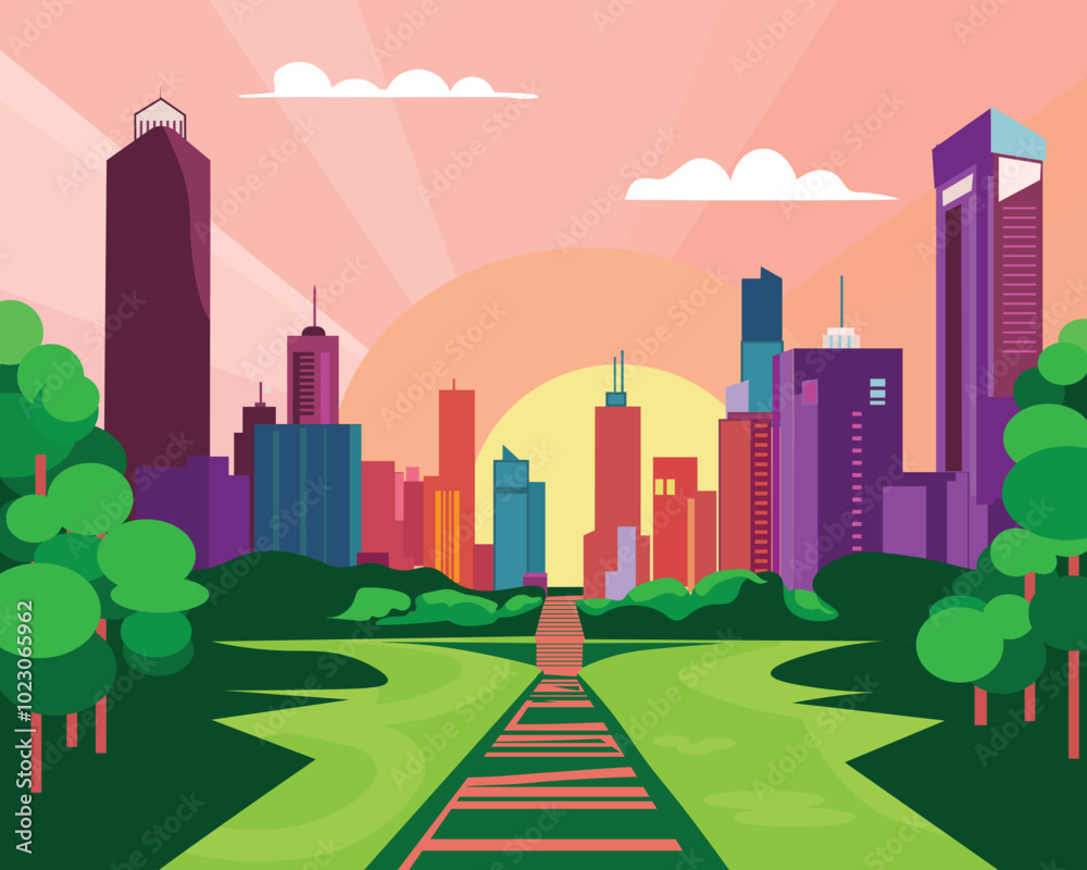 Fototapeta premium The city's silhouette against the horizon, with the city park in the foreground.