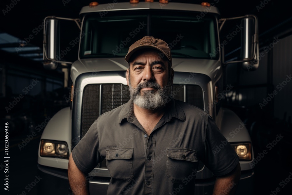 Portrait of a middle aged Hispanic male truck driver Portrait of a middle aged Hispanic male truck driver