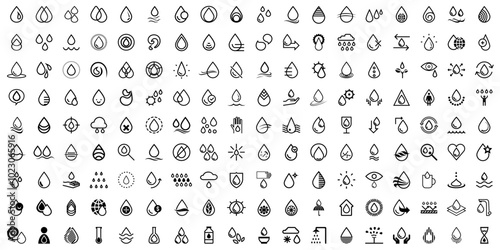 A set of water-related icons. Technical icons for water, a water logo, indication of water resistance, irrigation, rain and moisture.