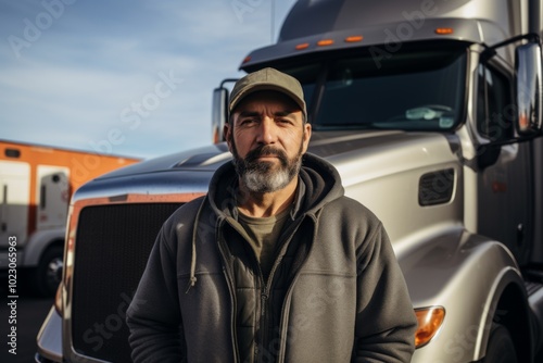 Portrait of a middle aged Hispanic male truck driver