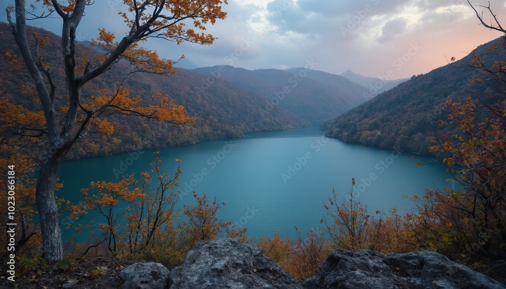 Naklejka premium Lake Bled Turquoise Lake Surrounded By Autumn Mountains