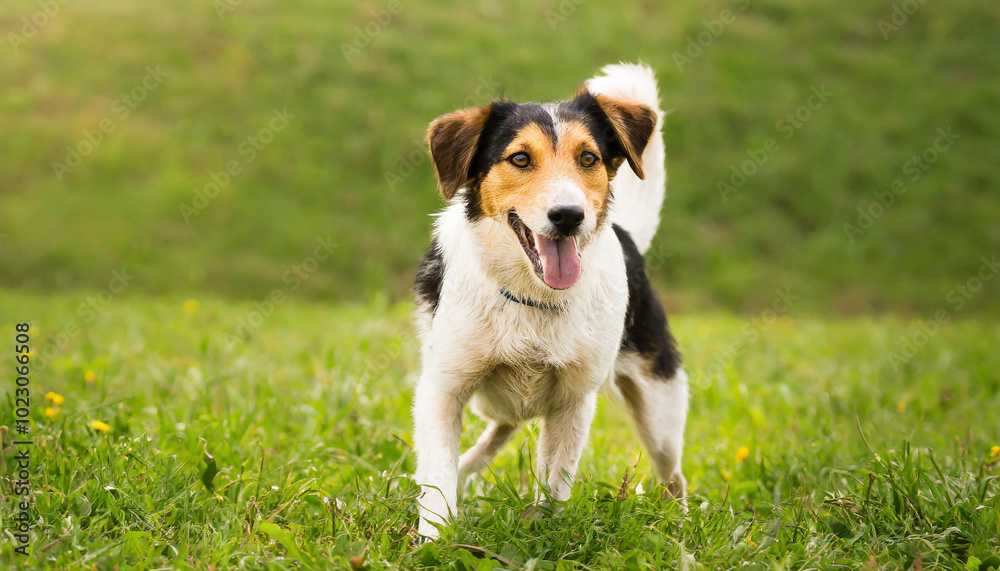 A happy dog playing in a lush green field during a sunny afternoon in early springtime A happy dog playing in a lush green field during a sunny afternoon in early springtime