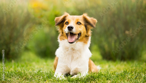 Happy dog resting in lush green grass during a sunny day in a peaceful park setting