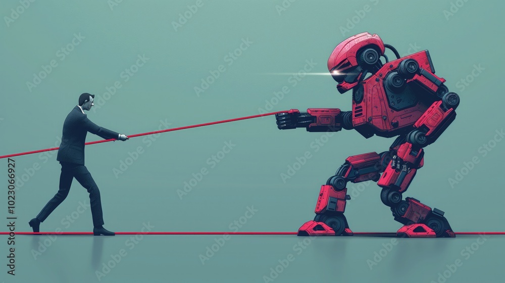 Obraz premium vector cartoon man vs robot pulling rope competition.