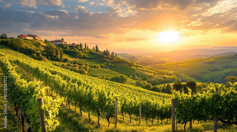 Fototapeta premium Vineyards in the Countryside with Rolling Hills and a Sunset in the Background