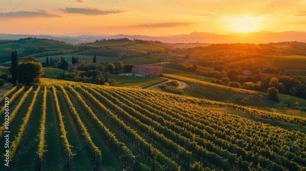 Obraz premium Vineyards in the Countryside with Rolling Hills and a Sunset in the Background