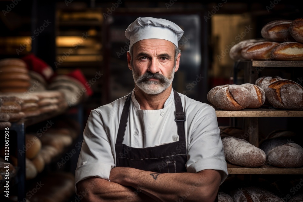 Portrait of a middle aged male Hispanic worker in bakery Portrait of a middle aged male Hispanic worker in bakery