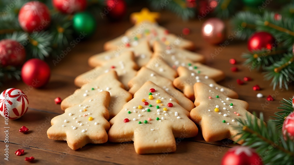 Christmas cookies arranged in the shape of a tree on a wooden table with holiday décor. Christmas cookies arranged in the shape of a tree on a wooden table with holiday décor.
