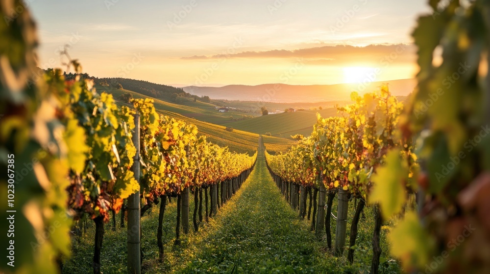 Fototapeta premium Vineyards in the Countryside with Rolling Hills and a Sunset in the Background