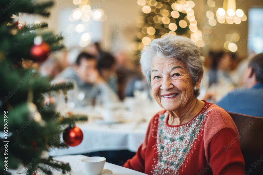 Portrait of a smiling senior woman in nursing home decorated for Christmas Portrait of a smiling senior woman in nursing home decorated for Christmas