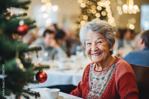 Portrait of a smiling senior woman in nursing home decorated for Christmas