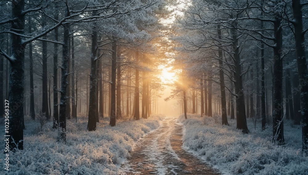 Winter Forest Scene With Path Through Snow-Covered Trees
