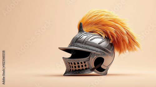 Close-up of an ornate medieval knight's helmet with an orange plume, set against a solid beige background.