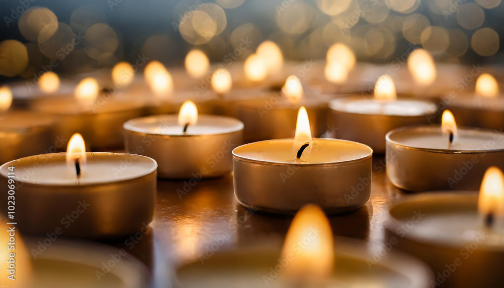 Soft glow of lit tealight candles arranged beautifully on a wooden surface surrounded by a serene atmosphere at dusk Soft glow of lit tealight candles arranged beautifully on a wooden surface surrounded by a serene atmosphere at dusk