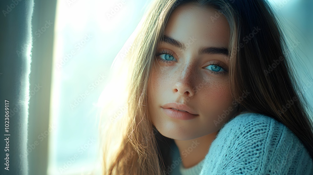 kobieta, piękna, długie włosy, proste włosy, naturalne światło, fotografia portretowa, Canon EOS R5, przysłona f/1.6, stock photo, casual, niebieski sweter, siedzenie przy oknie, spokojny wyraz twarz kobieta, piękna, długie włosy, proste włosy, naturalne światło, fotografia portretowa, Canon EOS R5, przysłona f/1.6, stock photo, casual, niebieski sweter, siedzenie przy oknie, spokojny wyraz twarz