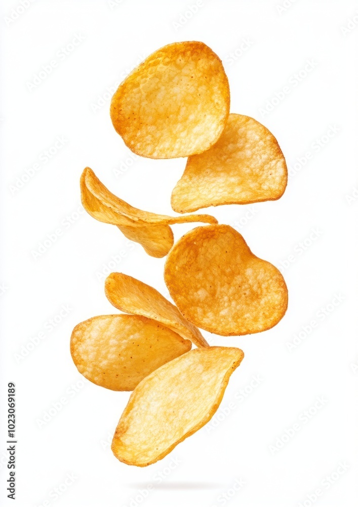 Potato chips floating snacks food. Potato chips floating snacks food.