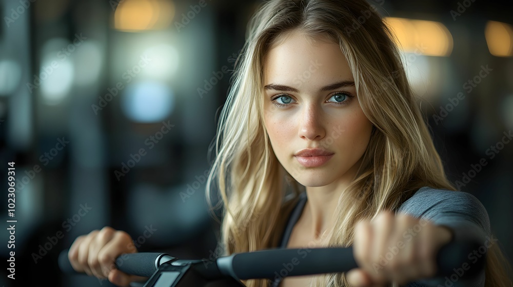 Naklejka premium kobieta, trening, siłownia, blondynka, sportowy strój, ćwiczenie, stock photo, Canon EOS R3, przysłona f/2.0, nowoczesna siłownia, aktywność fizyczna, fitness, kobieta w ruchu, trening siłowy, zdrowy,