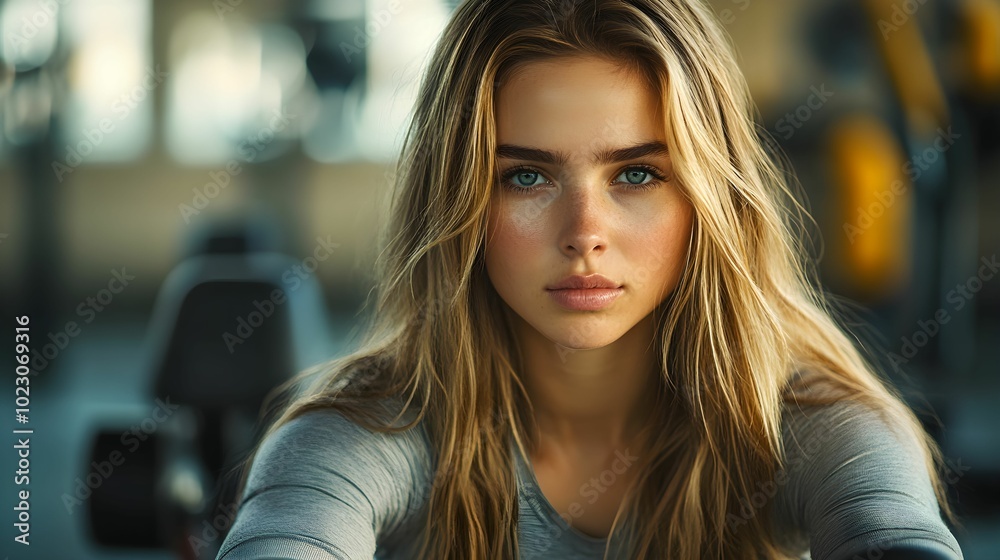 Naklejka premium kobieta, trening, siłownia, blondynka, sportowy strój, ćwiczenie, stock photo, Canon EOS R3, przysłona f/2.0, nowoczesna siłownia, aktywność fizyczna, fitness, kobieta w ruchu, trening siłowy, zdrowy,