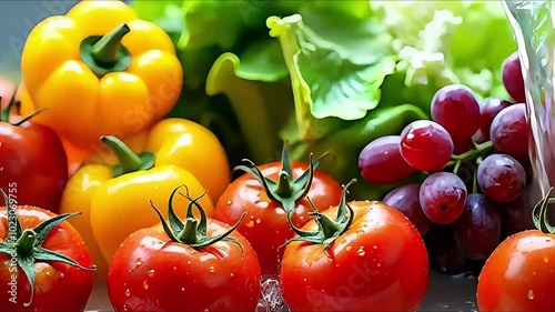 A colorful display of fresh fruits and vegetables being washed in clean water. Generative AI