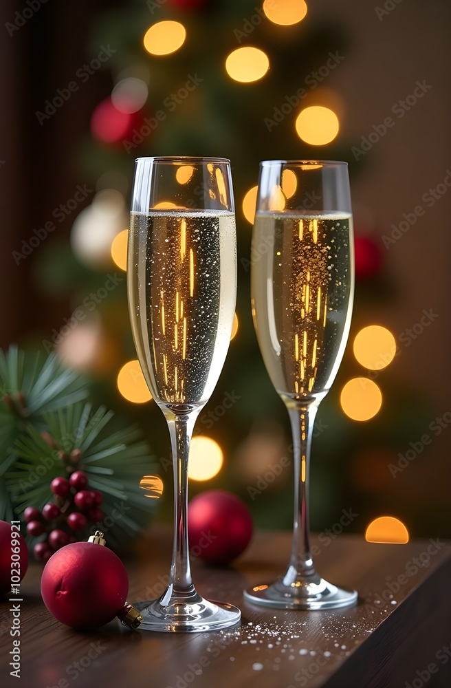 Two glasses of champagne against the background of a Christmas tree. Glasses of sparkling wine on a blurred background with highlights. Two glasses of champagne against the background of a Christmas tree. Glasses of sparkling wine on a blurred background with highlights.