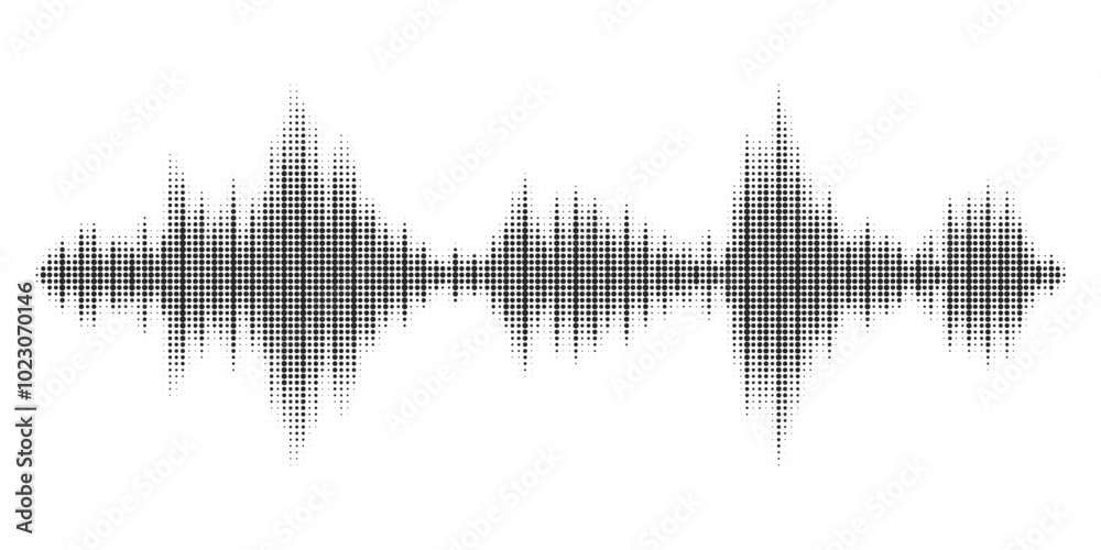 Black halftone vector sound waves flow isolated on a white background. Waveform pattern for music, dictaphone, podcast, voice message, or social media background. Spectral music frequency illustration