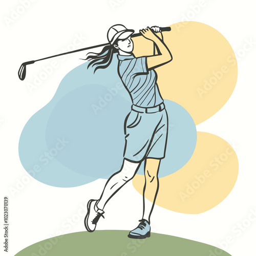 Female Golfer Silhouette with Colorful Blobs – Stylish Vector Illustration for Sports Designs