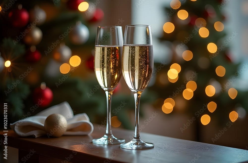Two glasses of champagne against the background of a Christmas tree. Glasses of sparkling wine on a blurred background with highlights. Two glasses of champagne against the background of a Christmas tree. Glasses of sparkling wine on a blurred background with highlights.
