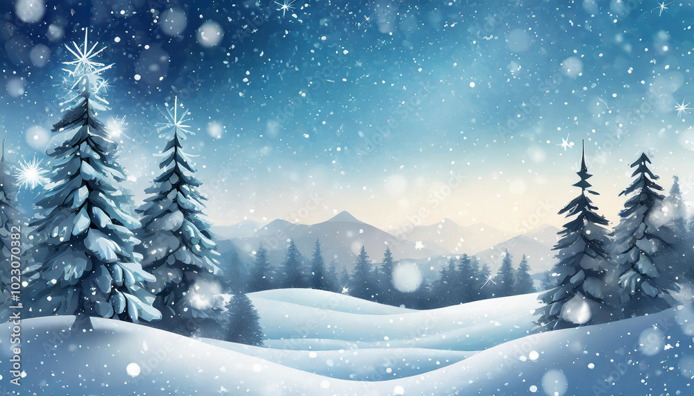 A serene winter landscape with snow-covered trees and distant mountains under a blue sky during a peaceful snowfall A serene winter landscape with snow-covered trees and distant mountains under a blue sky during a peaceful snowfall